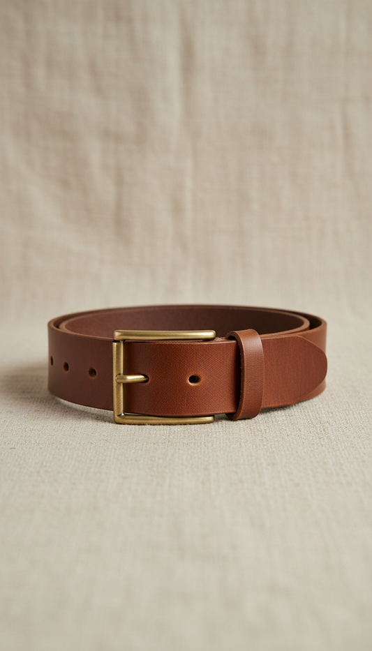 Tobacco Brown Leather Belt Brass Buckle